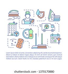 Cleaning service article page vector template. Ironing and sweeping. Brochure, magazine, booklet design element with linear icons and text boxes. Print design. Concept illustrations with text space 