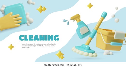 Cleaning service background design with 3d household products and supplies in a cute plastic style.