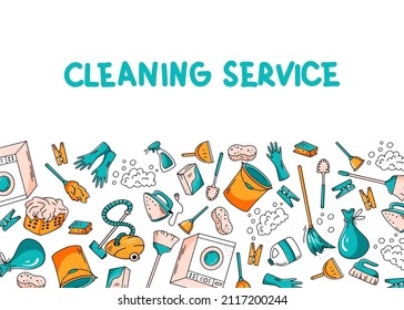 Cleaning service background with hand drawn elements and lettering. Vector illustration in doodle style. Banner template