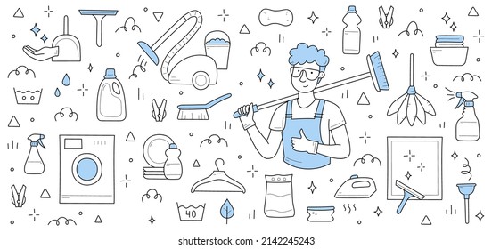 Cleaning service background with man worker in uniform, washing machine, vacuum cleaner, spray and detergent. Vector hand drawn illustration of janitor with broom, plunger, brush, iron and plates