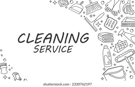 Limpieza del fondo del servicio. Plantilla con herramientas de limpieza de esquema. Marco de elementos de limpieza del hogar Doodle