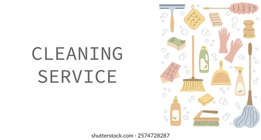 Cleaning service Background template. Professional Cleaning tools gloves scraper brush detergent mop. Household accessories in flat design. Template for banner advertising business