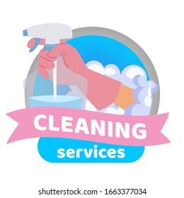 Cleaning service badge with detergent spray in hand cartoon vector illustration. House cleaning services and proffesional cleanup logo or label with various tools for clean home.