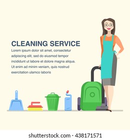 Cleaning service banner for advertisement with cartoon woman character and house cleaning tools.