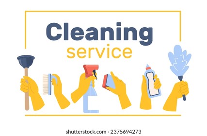 Cleaning service banner. Hands in yellow gloves hold detergents, sponge and toilet plunger. Advertising template. Housekeeping industry cartoon flat style isolated illustration. Vector concept