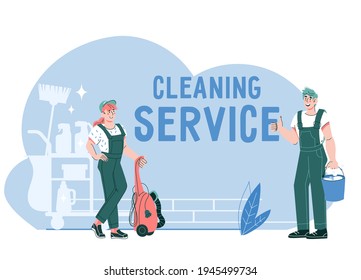 Cleaning service banner with man and woman dressed in uniform, flat cartoon vector illustration isolated on white background. Cleaning company staff.