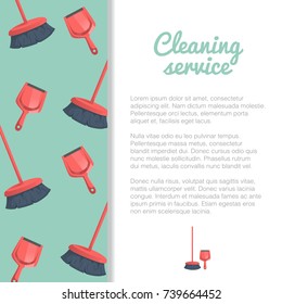 Cleaning service banner or poster. Natural red plastic brooms and dustpans on green background. Vector illustration.