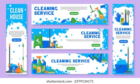 Cleaning service banner. Professional housemaid, clean house flyer with cleaning equipment vector template set of housemaid service illustration banner