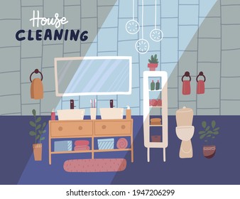 Cleaning service banner. Spring cleaning house. Apartment bathroom interior clean and dirty. Housekeeping company concept. Flat vector illustration.