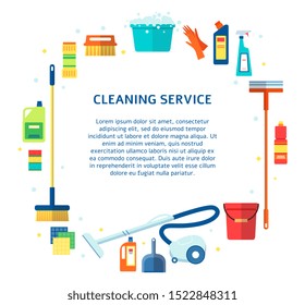 Cleaning service banner template - flat cartoon house cleaning tools and supplies arranged in a circle around ad text. Broom, bottles, bucket, mop, vacuum, etc - vector illustration