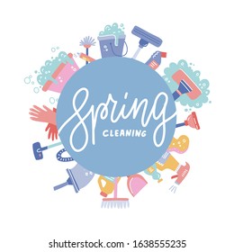 Cleaning service banner template - flat cartoon house cleaning tools and supplies arranged in circle around ad lettering text.Broom, bottles, bucket, mop, vacuum. Flat hand drawn vector illustration.