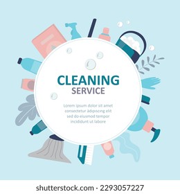 Cleaning service banner template. Housekeeping background with cleaning tools. Image can be used on advertising booklets, banners, flyers, article, social media. flat vector illustration