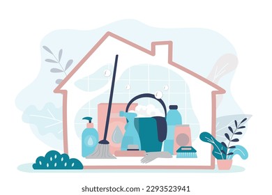 Cleaning service banner template. Housekeeping background with cleaning tools and house building silhouette. Image design for advertising booklets, article, social media. flat vector illustration