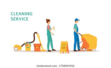 Cleaning service banner template with staff of cleaners and janitors cartoon characters with equipment, flat vector illustration isolated on white background.