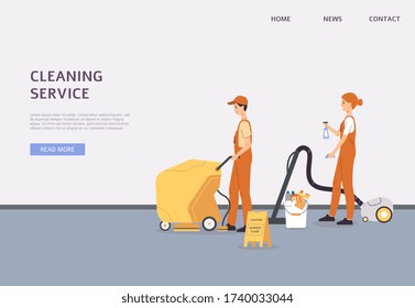 Cleaning service banner template with two cartoon cleaners using vacuum cleaner and floor scrubber to clean. Janitor man and woman team with equipment - vector illustration.