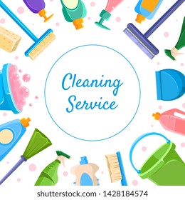 Cleaning Service Banner Template, Various Cleaning Tools and Detergents Products Vector Illustration