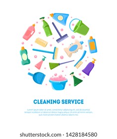 Cleaning Service Banner Template, Various Cleaning Tools and Detergents Products in Circular Shape Vector Illustration