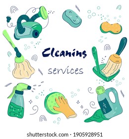 Reinigungs-Service-Banner-Vorlage mit verschiedenen Waschwerkzeugen und Zubehör im Doodle-Stil, Cartoon Vektorgrafik auf weißem Hintergrund. Förderung von Reinigungsunternehmen.