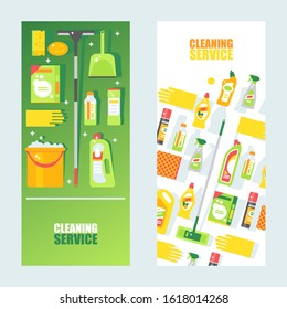 Cleaning service banner, vector illustration. Flat style icons of cleaning products and accessories, mop, bucket and sponge. Professional housekeeping service advertisement flyer set with copy space