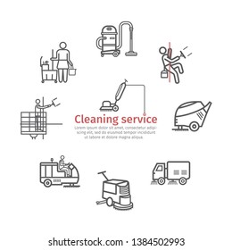 Cleaning Service banner. Worker. Vacuum Scrubber. Sweeper Machines. Vector illustration.