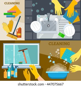 Cleaning service banners hand wash dishes vector illustration 