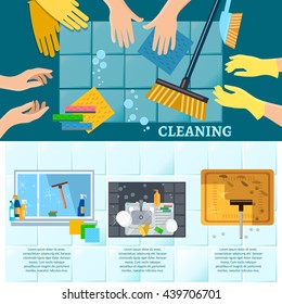 Cleaning service banners washing windows carpet cleaning tools hand wash vector illustration 