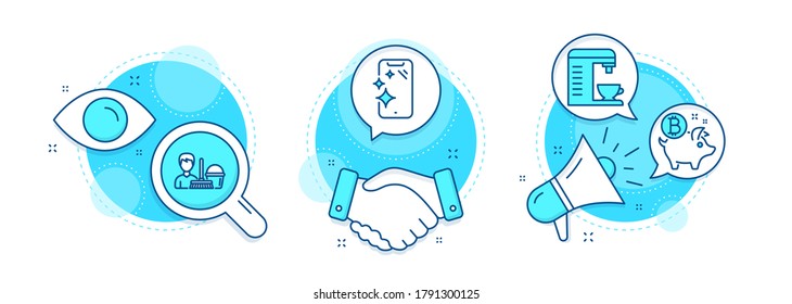 Cleaning service, Bitcoin coin and Coffee machine line icons set. Handshake deal, research and promotion complex icons. Smartphone clean sign. Bucket with mop, Piggy bank, Cappuccino machine. Vector