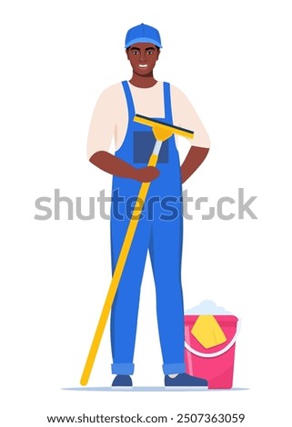 Cleaning service black man character in uniform with glass cleaning scraper. Worker of cleaning service. Vector illustration