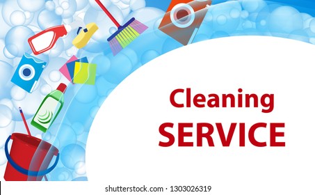 Cleaning service blue background. Poster or banner with soap bubbles and tools, cleaning products for cleanliness. Vector illustration.