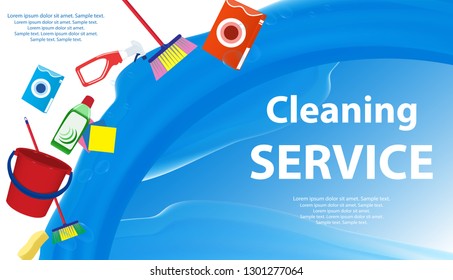 Cleaning Service blue and white background with a splash of water. Poster or banner with soap bubbles and tools, cleaning products for cleanliness. Vector illustration.