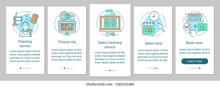 Cleaning service booking onboarding mobile app page screen, linear concepts. Cleanup company. Online form filling. Five walkthrough steps graphic instruction. UX, UI, GUI vector template, illustration