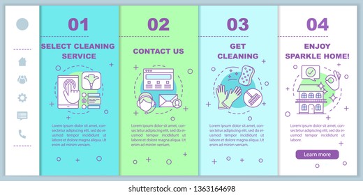 Cleaning service booking onboarding mobile web pages vector template. Cleanup planning. Responsive smartphone web interface idea, linear illustrations. Webpage walkthrough step screens. Color concept 