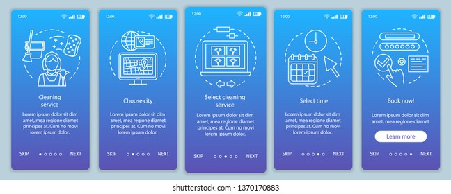 Cleaning service booking onboarding mobile app page screen vector template. Cleanup company. Online form filling. Walkthrough website steps, linear illustrations. UX, UI smartphone interface concept