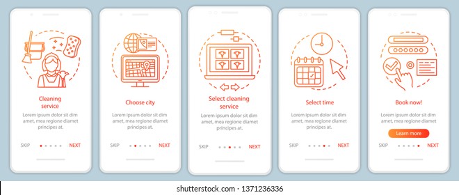 Cleaning service booking onboarding mobile app page screen, linear concepts. Home cleanup planning. Five, walkthrough steps graphic instructions. UX, UI, GUI vector template with illustrations