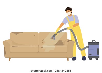 Cleaning service boy cleaning dirty sofa with vacuum cleaner isolated.
