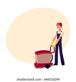 Cleaning service boy, man, cleaner in overalls using floor cleaning machine, front view cartoon vector illustration with space for text. Cleaning service boy with floor washing machine