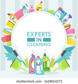 Cleaning service brochure cover template, vector illustration. Flat style banner with copy space, cleaning products, sponges and detergent bottles. Professional service advertisement, cleaning experts