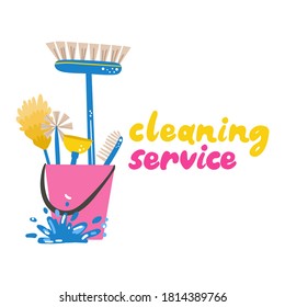 Cleaning Service. Bucket With Cleaning Supplies, Household Chemicals. Poster, Banner Or Logo Template For House Cleaning Services. Hand Drawn Cartoon Vector Illustration With Lettering