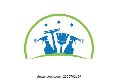 Cleaning Service Business Logo Design. Broom, squeegee, and spray isolated on shield shape Pro Vector