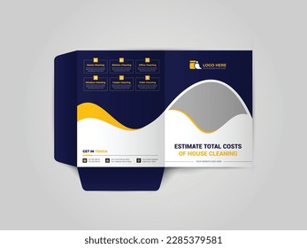 Cleaning Service Business Presentation folder for files, design. The layout is for posting information about the company, photo, text.