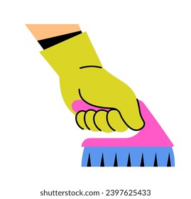 Cleaning service and care for cleanliness of home or office workspace. Isolated hand wearing rubber protective gloves holding brush, scrubbing greasy or dirty surfaces. Vector in flat style