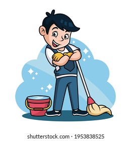 Cleaning Service Cartoon with Cute Pose. Vector Icon Illustration, Isolated on Premium Vector