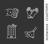 Cleaning service chalk icons set. Household gloves, sweeping broom, sponge, clean offices. Isolated vector chalkboard illustrations