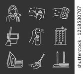 Cleaning service chalk icons set. Maid, napkin, sponge, broom and bucket, air freshener, ironing, offices cleaning, scoop, brush, mop. Isolated vector chalkboard illustrations