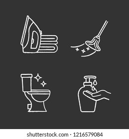 Cleaning service chalk icons set. Ironing, mop, clean toilet, hands soap. Isolated vector chalkboard illustrations