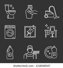 Cleaning service chalk icons set. Liquid soap, vacuum cleaner, washing machine, tidy table, detergent, sweeper, dishwash, toilet and windows cleaning. Isolated vector chalkboard illustrations