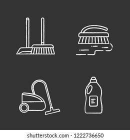 Cleaning service chalk icons set. Scoop and sweeping brush, vacuum cleaner, scrub brush, cleaning product. Isolated vector chalkboard illustrations