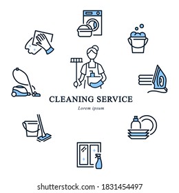 Cleaning Service Circle Banner With Flat Line Icons. In The Center Is A Cleaning Lady Icon