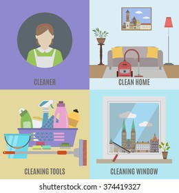 Cleaning service and  cleane tools. Flat isolated vector illustration