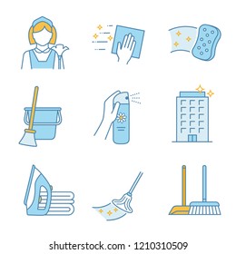 Cleaning service color icons set. Maid, napkin, sponge, broom and bucket, air freshener, ironing, offices cleaning, scoop, brush, mop. Isolated vector illustrations